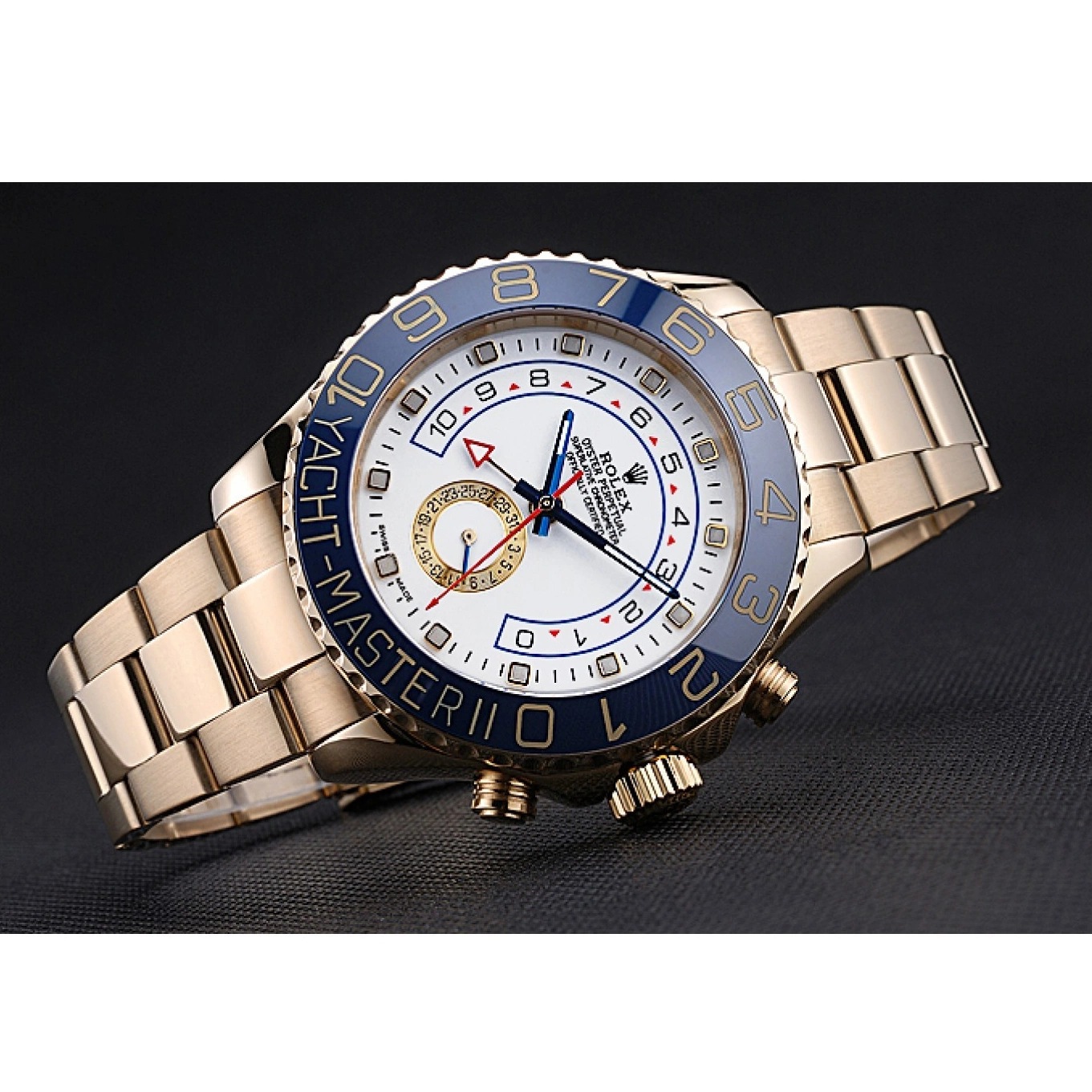 Aaa replica watch Rolex Yachtmaster Bracelet White Bezel II 622271 Blue Gold Dial 0825